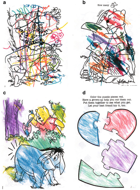 Figure 3. Coloring book pages from 17 year old girl with autism: (a) before beginning HBOT at 1.5 atm/100% oxygen; (b) after one week of HBOT (5 sessions at one hour each), she is beginning to create patches of color to fill in a space; (c) after 3 weeks of HBOT (about 15 hours of HBOT), she uses correct colors for Winnie the Pooh and Eyore, and the foliage except for the tree trunk; and (d) after 5 weeks of HBOT (20 hours of HBOT), she begins to respect borders and boundaries and even outlines the inner border with color. After 6 months, her coloring abilities remained stable. Pictures courtesy of Carol L. Henricks, MD. Credit: Permission for use of drawings granted by the Journal of American Physicians and Surgeons.