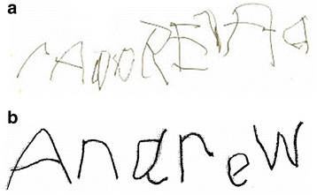 Figure 4. Handwriting in a 6 year old boy (a) before and (b) after 40 HBOT sessions at 1.3 atm. Pictures courtesy of James Neubrander, MD. Credit: Permission for use of figure from Hyperbaric Oxygen for Neurological Disorders granted by Best Publishing Company, Palm Beach Gardens, FL.