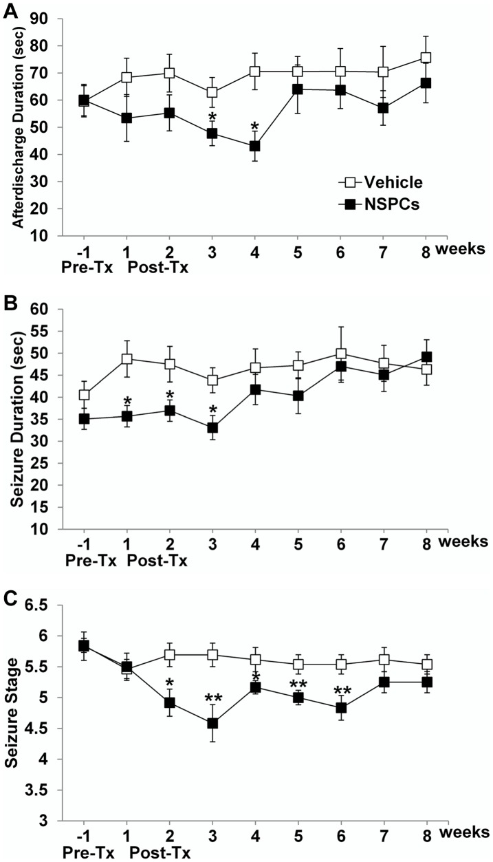 Figure 7. Effect of human NSPC grafting on hippocampal-kindled seizures in rats.The mean values of afterdischarge duration (ADD) in electroencephalograms (A), behavioral seizure duration (B), and seizure stage (C) between vehicle-injected and NSPC-transplanted groups were compared before (pre-Tx) and after NSPC grafting (post-Tx). Error bars indicate ±SEM. huNSPC grafting significantly reduced all three seizure parameters—ADD, behavioral seizure duration, and seizure stage—although this seizure-suppressing effect was not permanent. * Significantly different from the vehicle-injected group at P<0.05; ** significantly different from the vehicle-injected group at P<0.01.